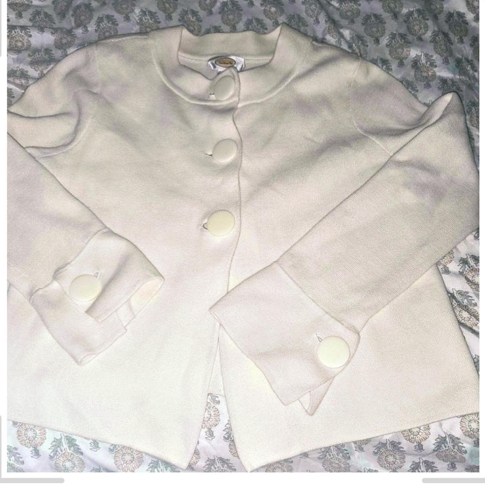 Talbots Cardigan Sweater M Cream Cotton Mod Style Big Buttons